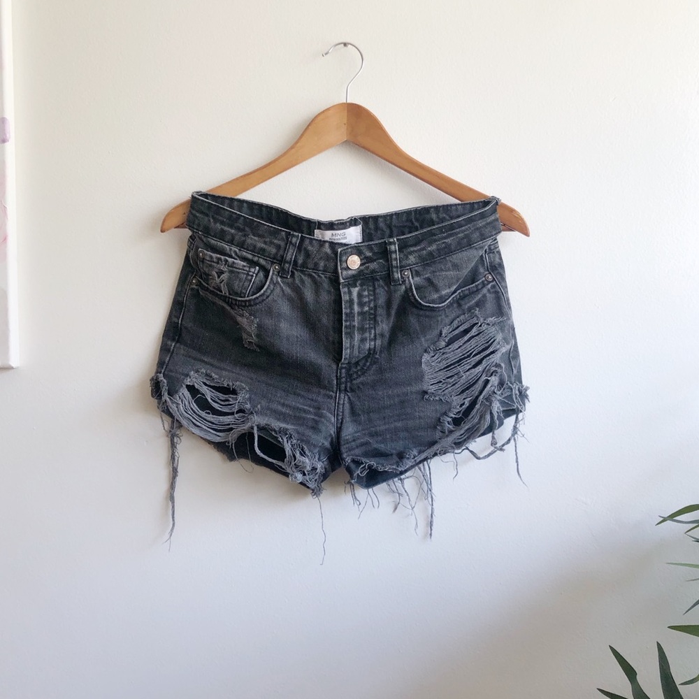 MANGO Ripped Black Denim Shorts